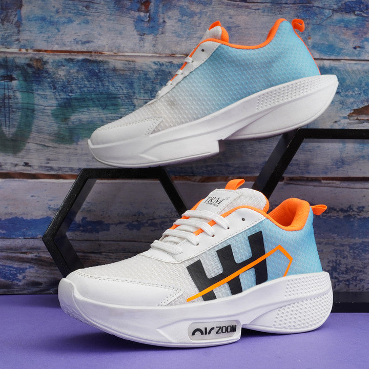Men's Light Blue & White Chunky Mesh Sneakers – Bright Orange Accent Sports Shoes