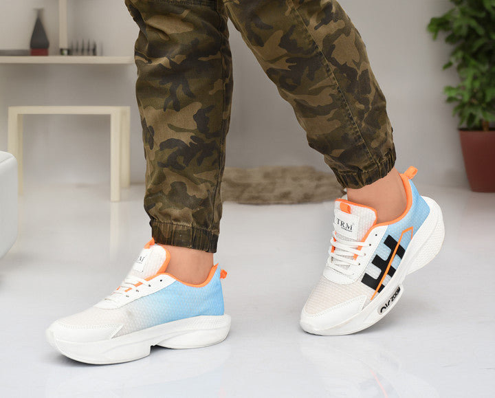 Men's Light Blue & White Chunky Mesh Sneakers – Bright Orange Accent Sports Shoes