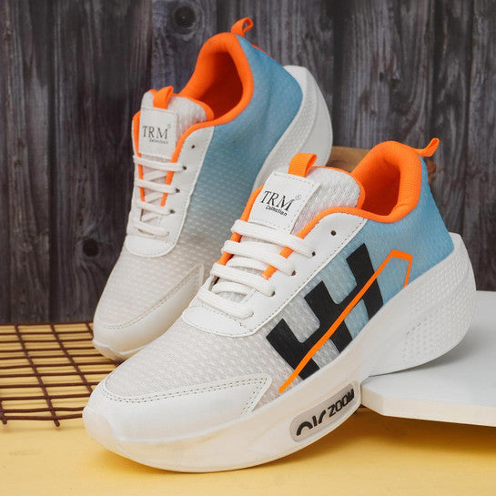 Men's Light Blue & White Chunky Mesh Sneakers – Bright Orange Accent Sports Shoes